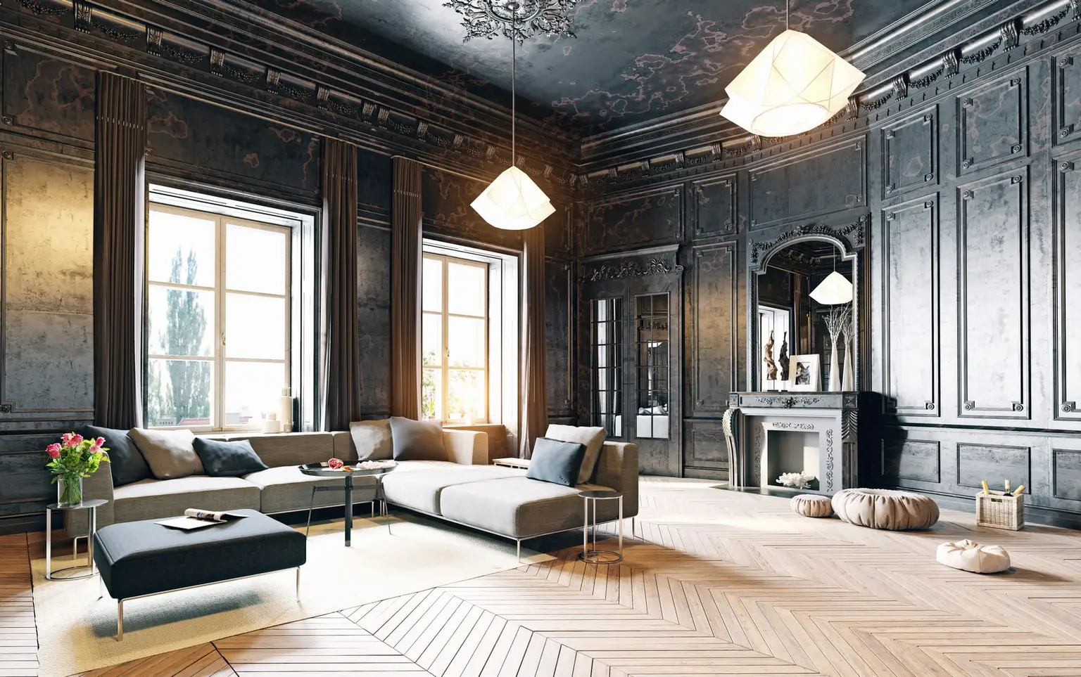 Salon d'appartement bourgeois, moulures et parquet