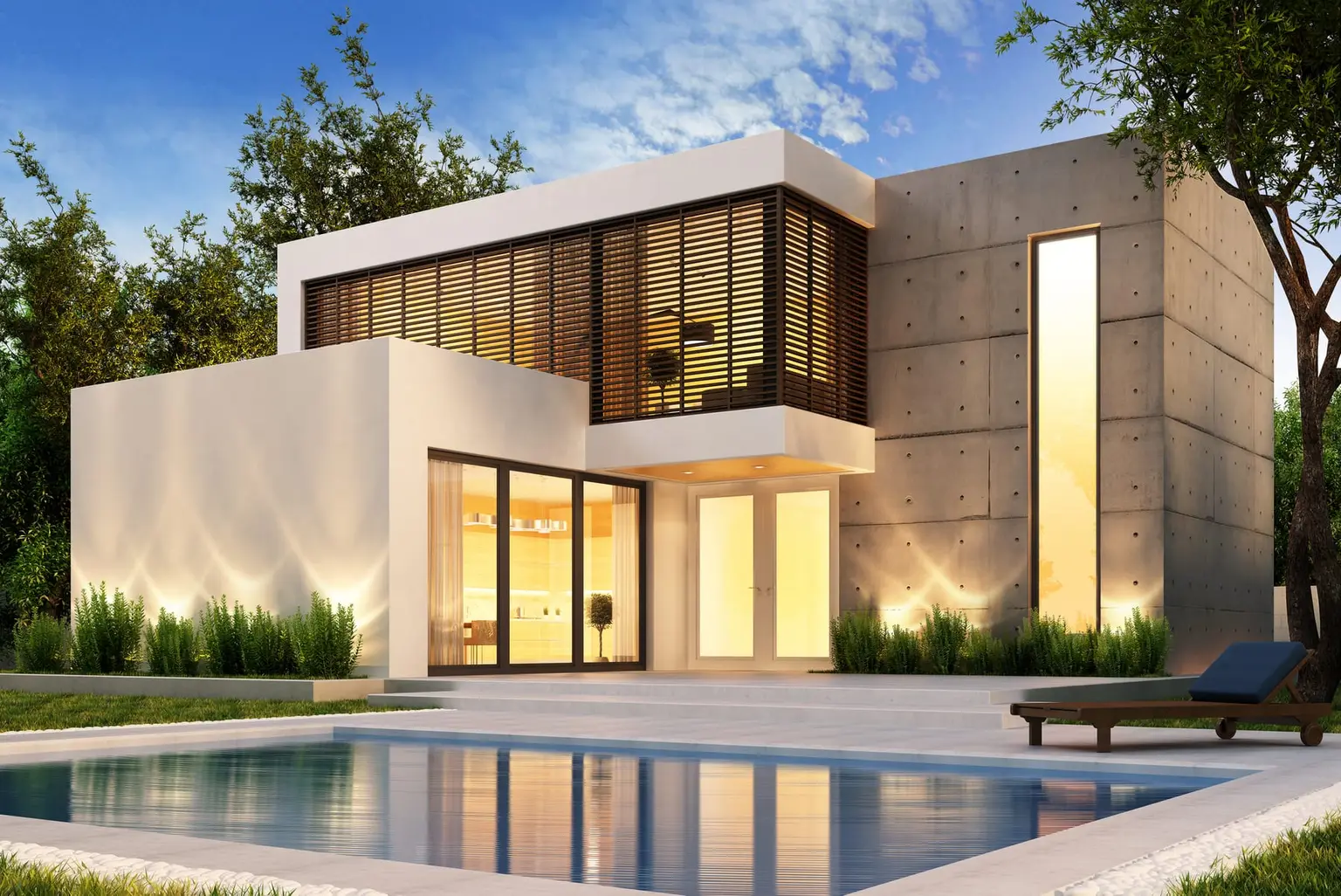 Maison contemporaine avec piscine en soirée